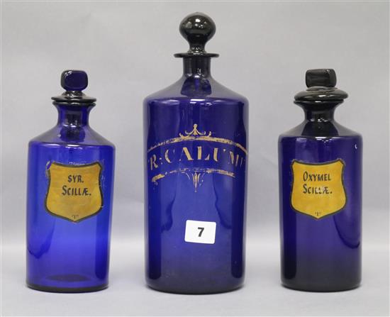 Three Victorian blue glass pharmacy bottles tallest 29cm